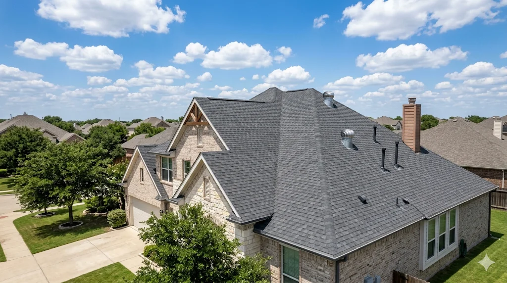 Aerial view of a shingle roof on an Allen, TX home