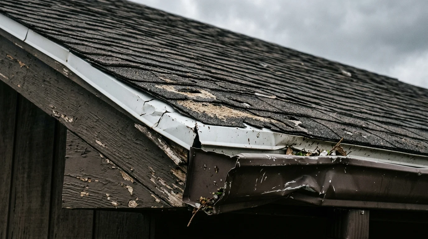 Damaged roof edge and gutter after a storm