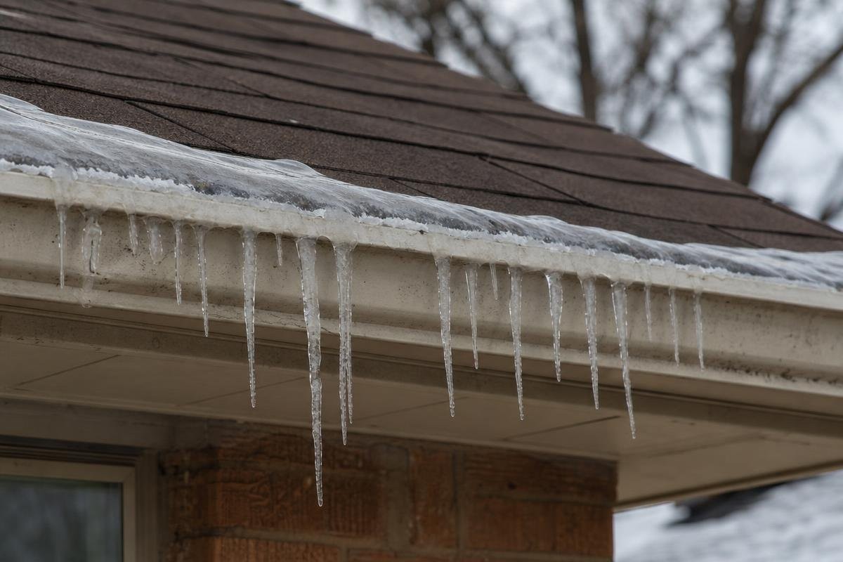 Icicles hanging from the edge of an Allen, TX roof after a winter freeze