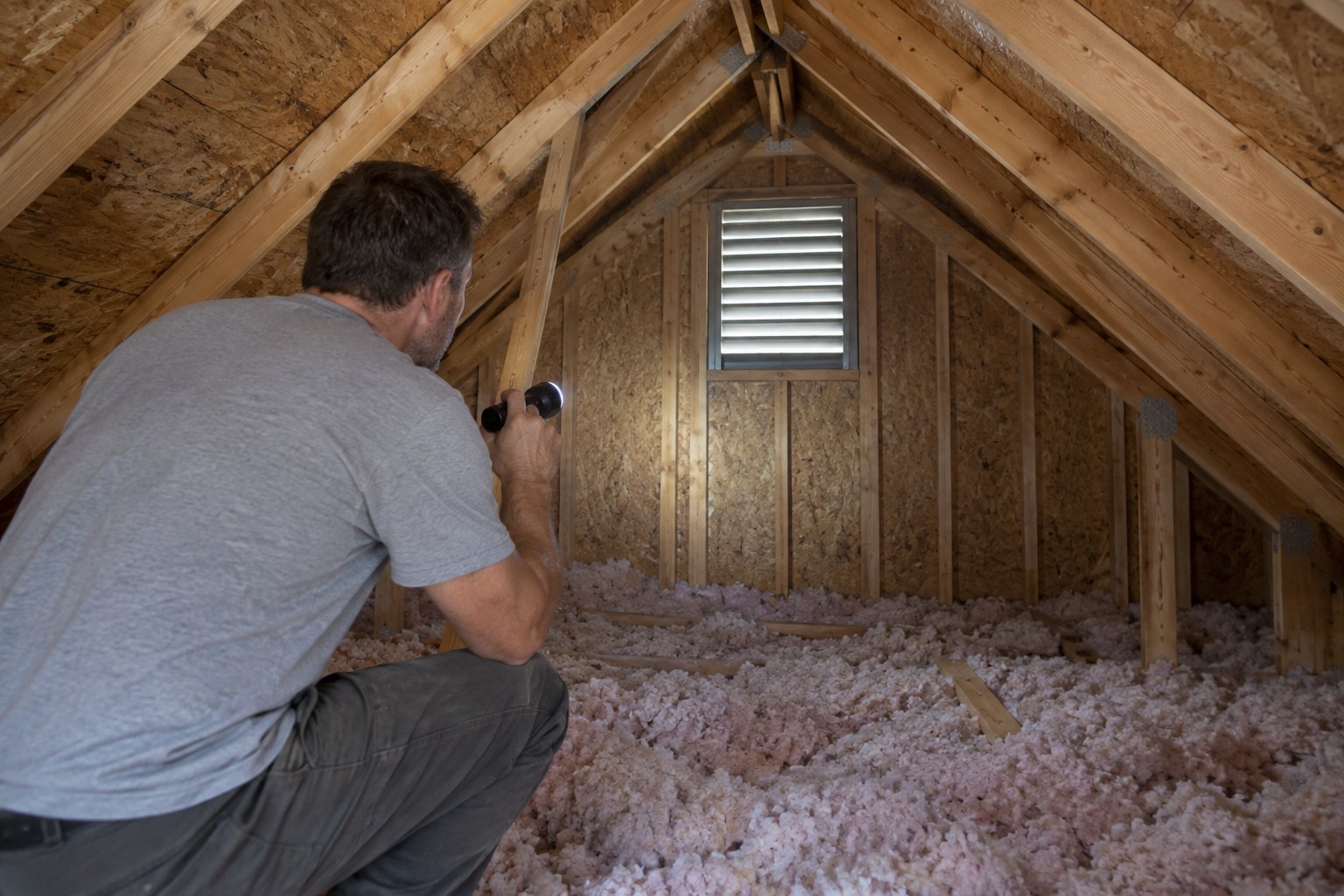 Roofer checking attic framing and gable end wall inside a North Texas home