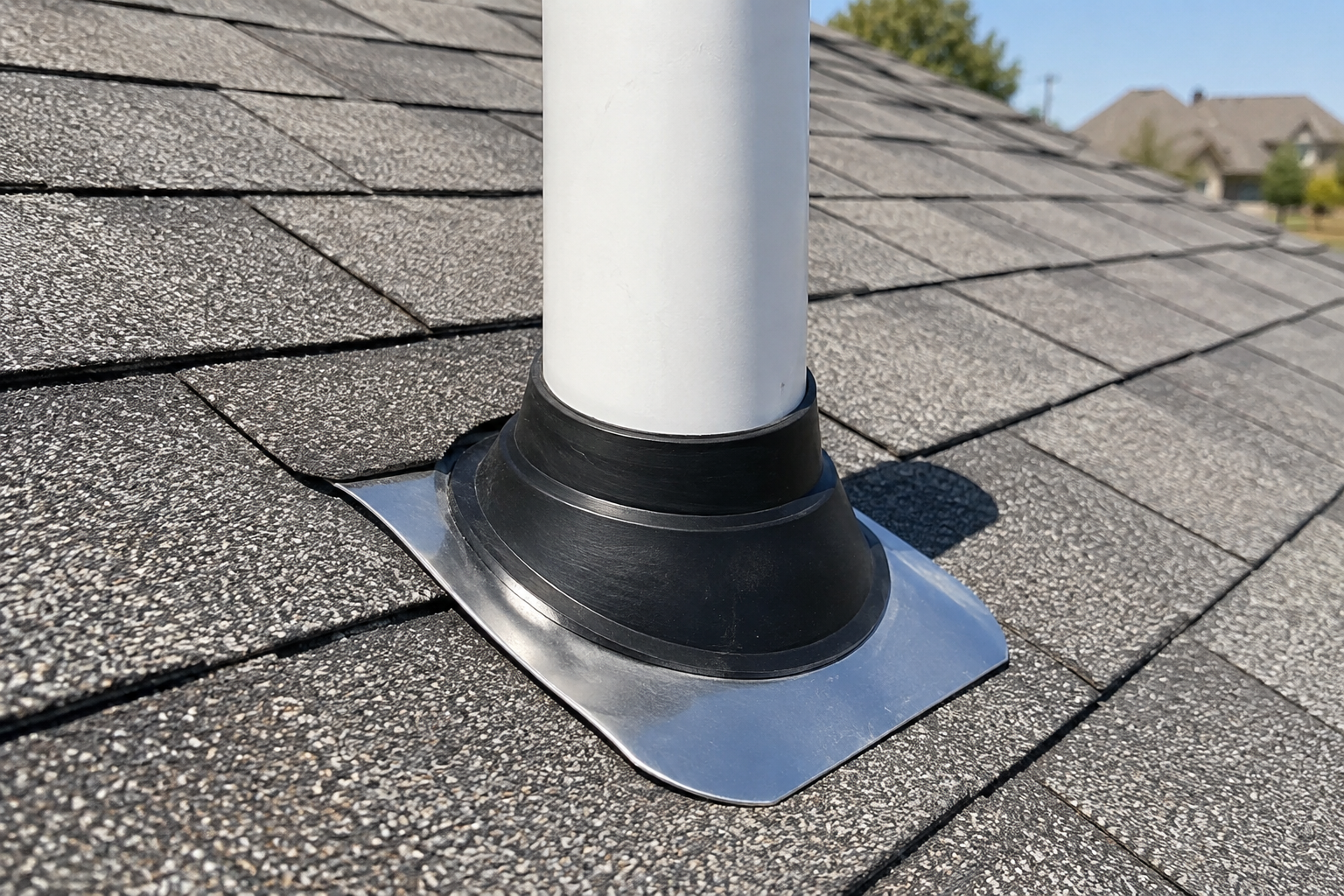 Rubber pipe boot with aluminum flashing sealed around a roof vent pipe