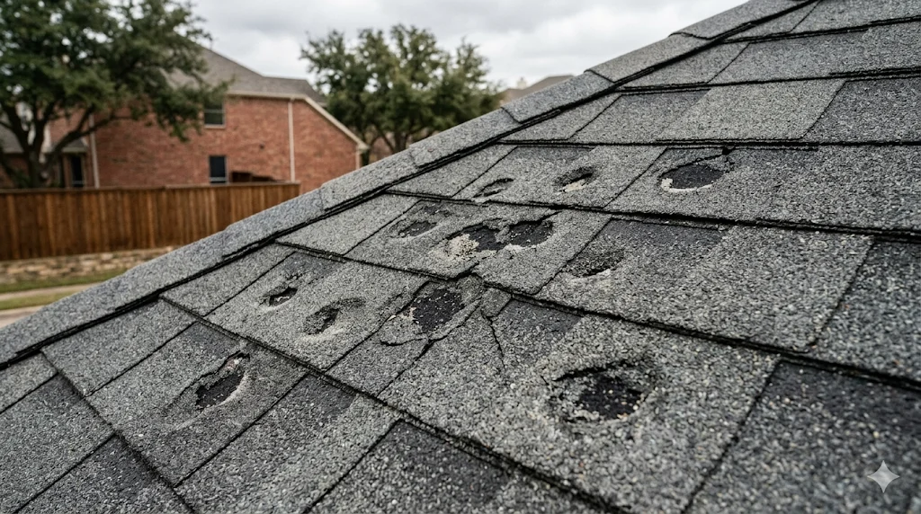 Hail impact marks on asphalt shingles