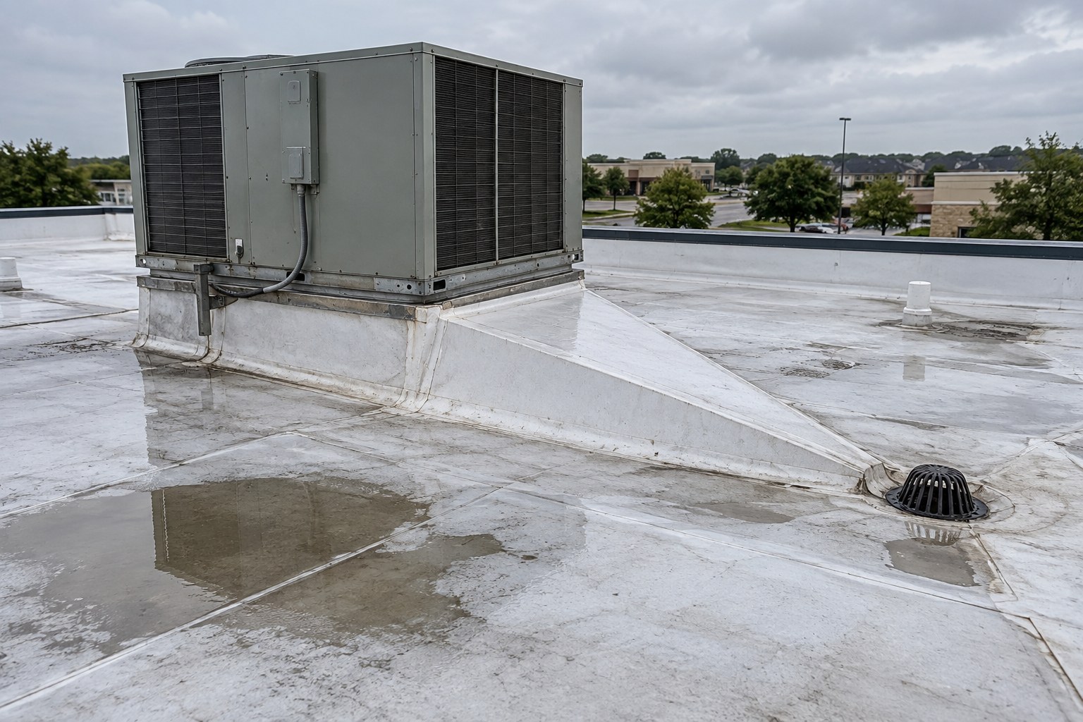 Rooftop HVAC unit on a low-slope membrane roof with a cricket diverting water
