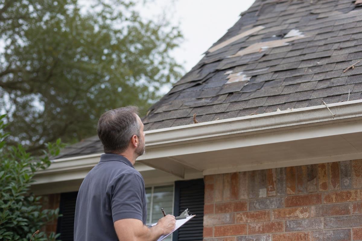 Storm-damaged roof with missing and cracked shingles on an Allen TX home