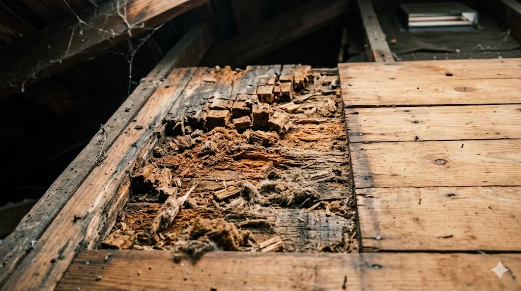 Dry rot damage on attic roof decking