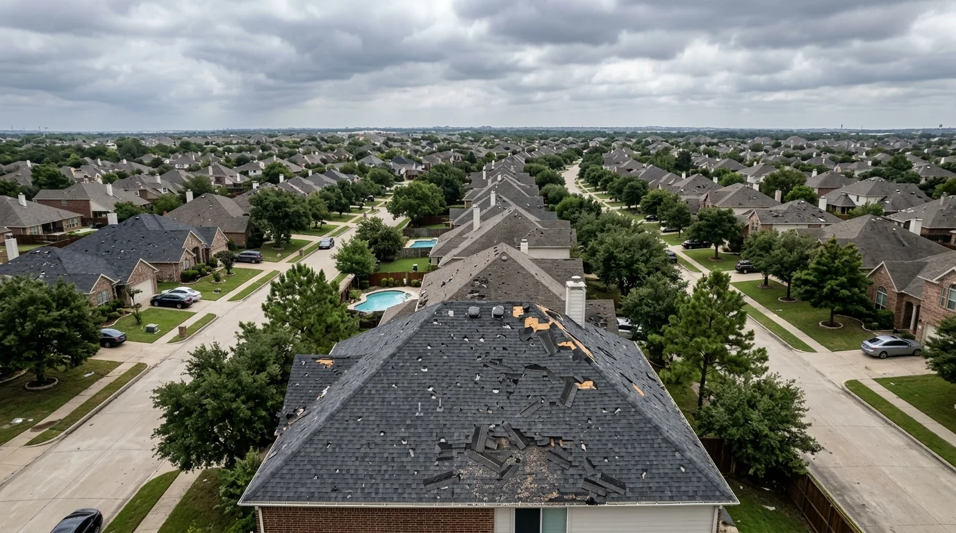 Aerial view of a storm-damaged roof in an Allen neighborhood