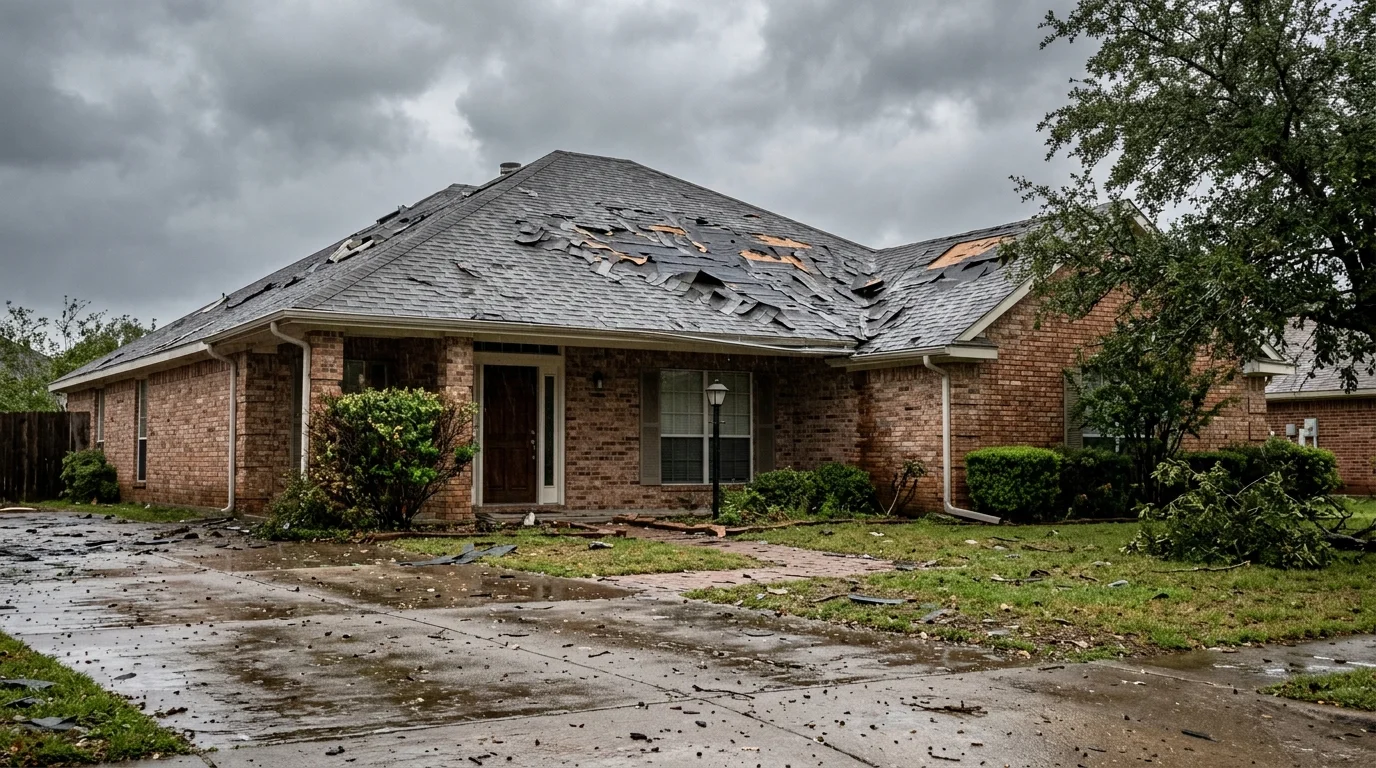 Brick home with missing shingles after a severe storm