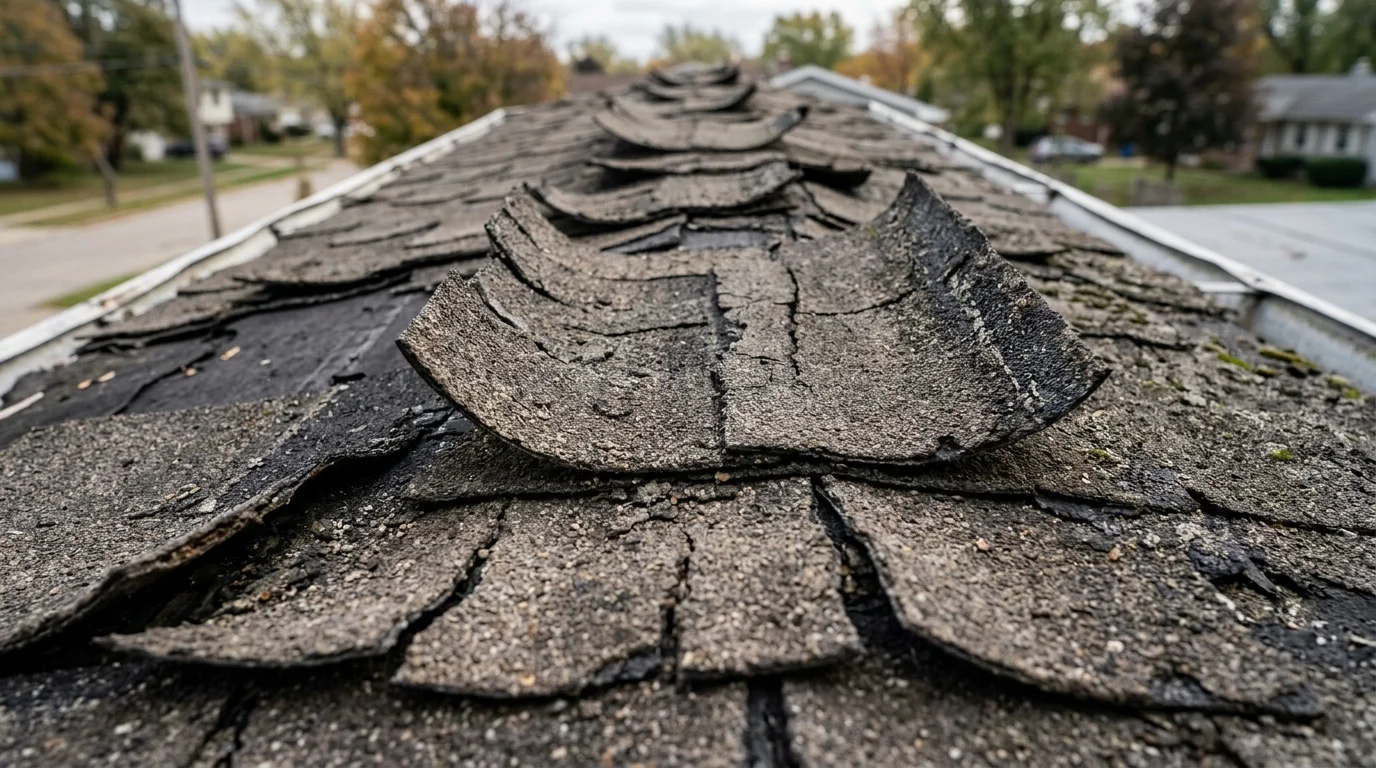 Curling, worn asphalt shingles on a ridge