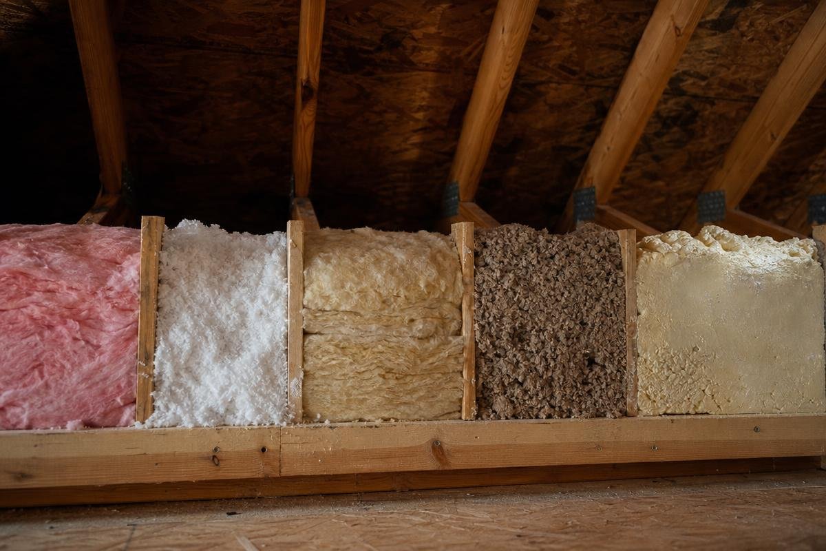 five types of attic insulation compared in a Texas home attic