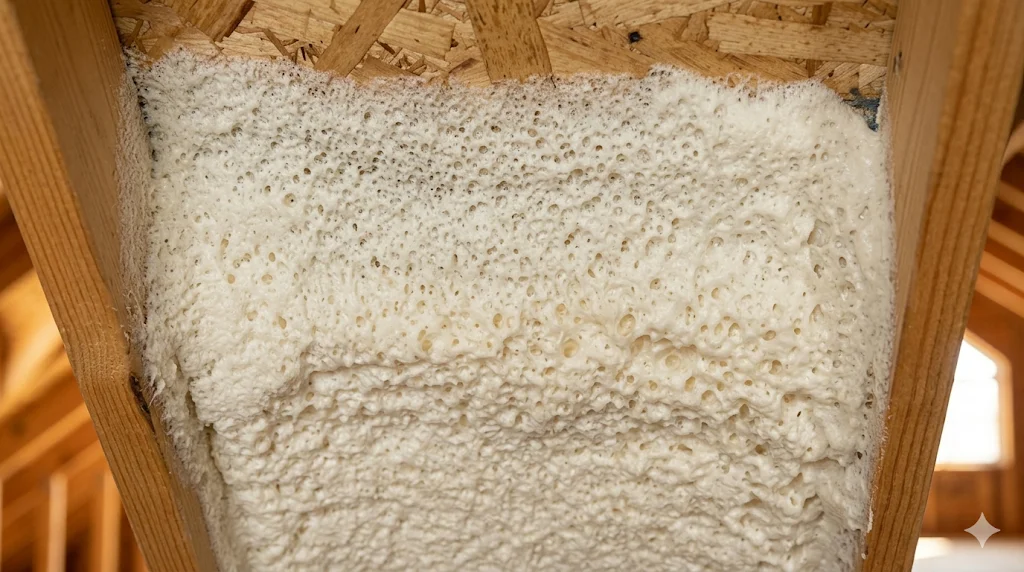 Spray foam insulation between roof rafters