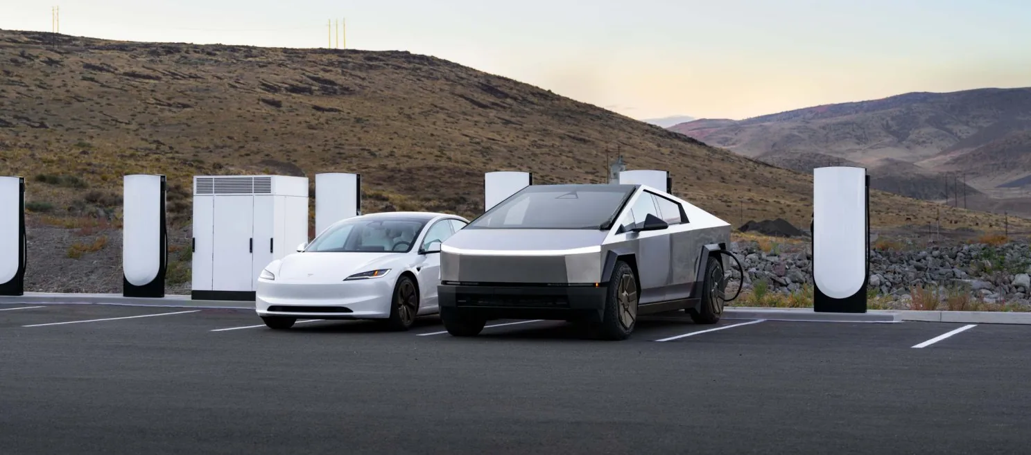 Tesla Model 3 and Cybertruck charging at Tesla Supercharger posts