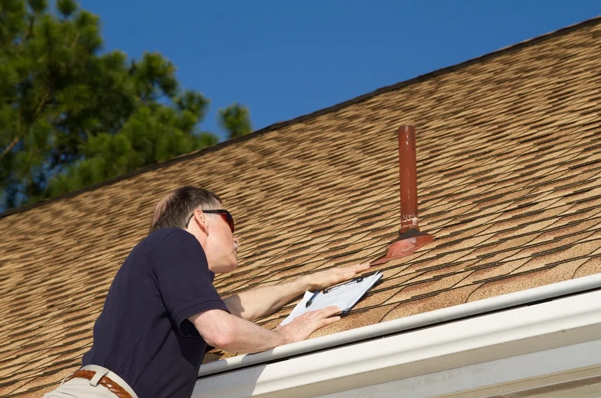 Roofer inspecting a pipe boot on an asphalt shingle roof
