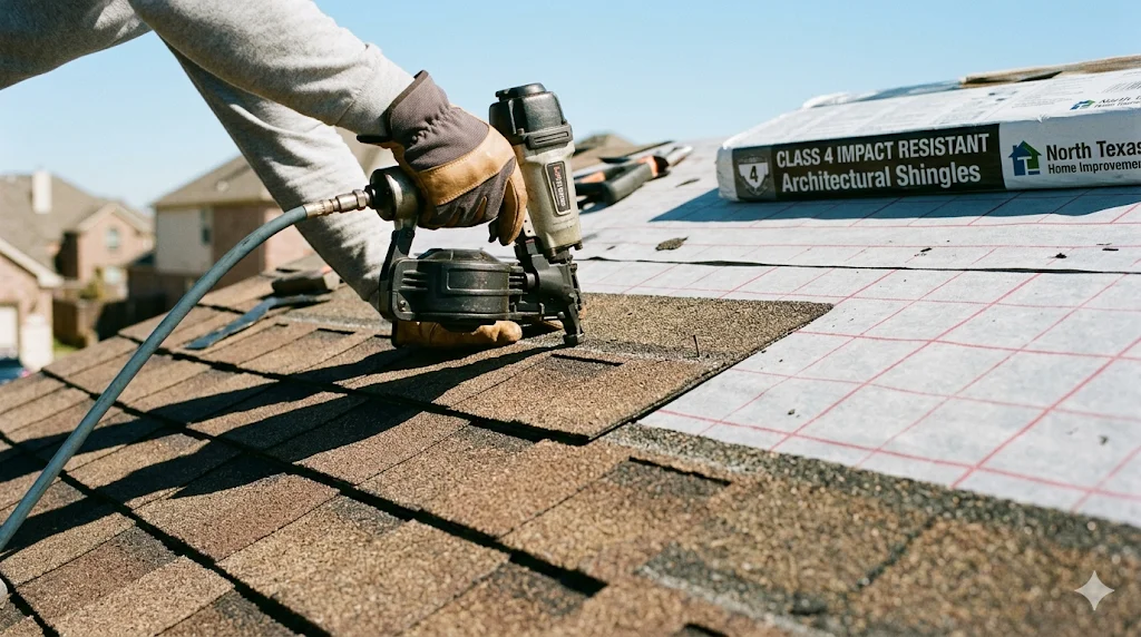 Roofer installing Class 4 impact-resistant shingles