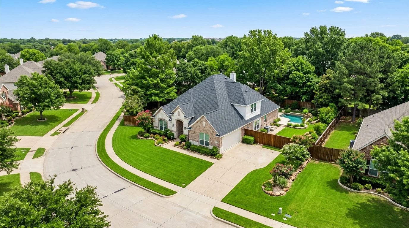 Aerial view of a well-kept home in Allen, TX