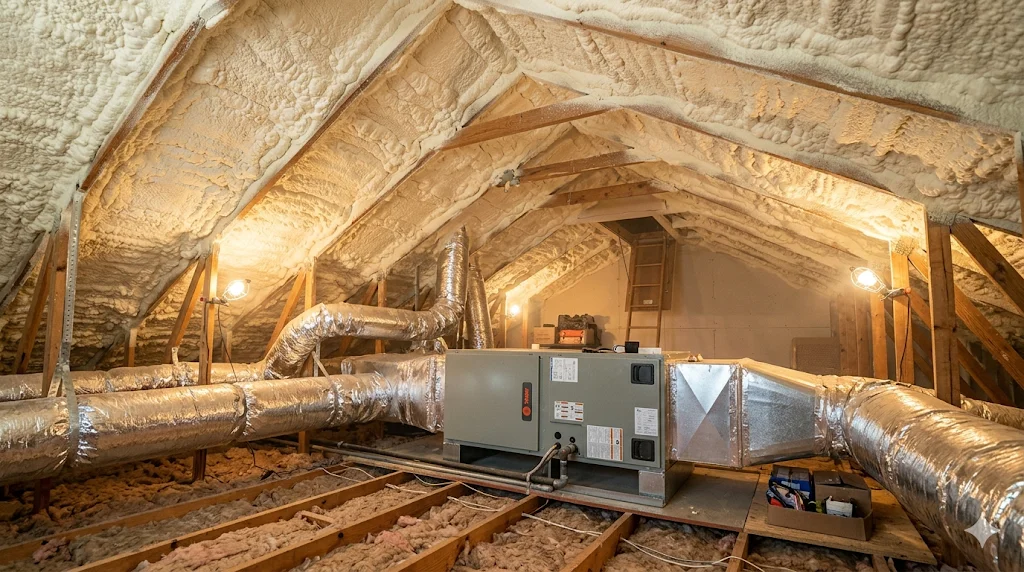 Attic with spray foam insulation and HVAC ductwork