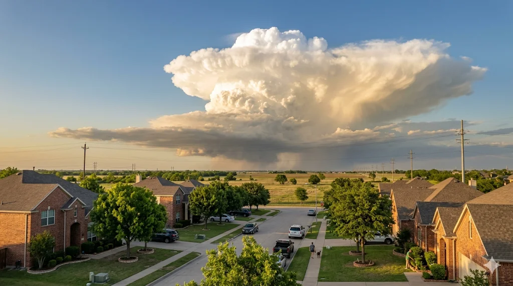 Storm cloud building over a North Texas neighborhood