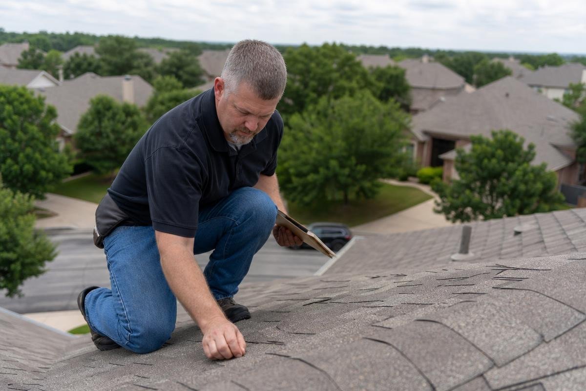 home inspector examining aging roof before home sale in Allen TX
