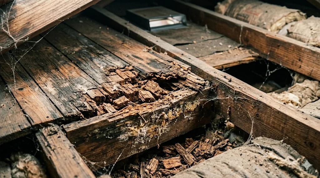 Dry rot in attic rafters and roof sheathing