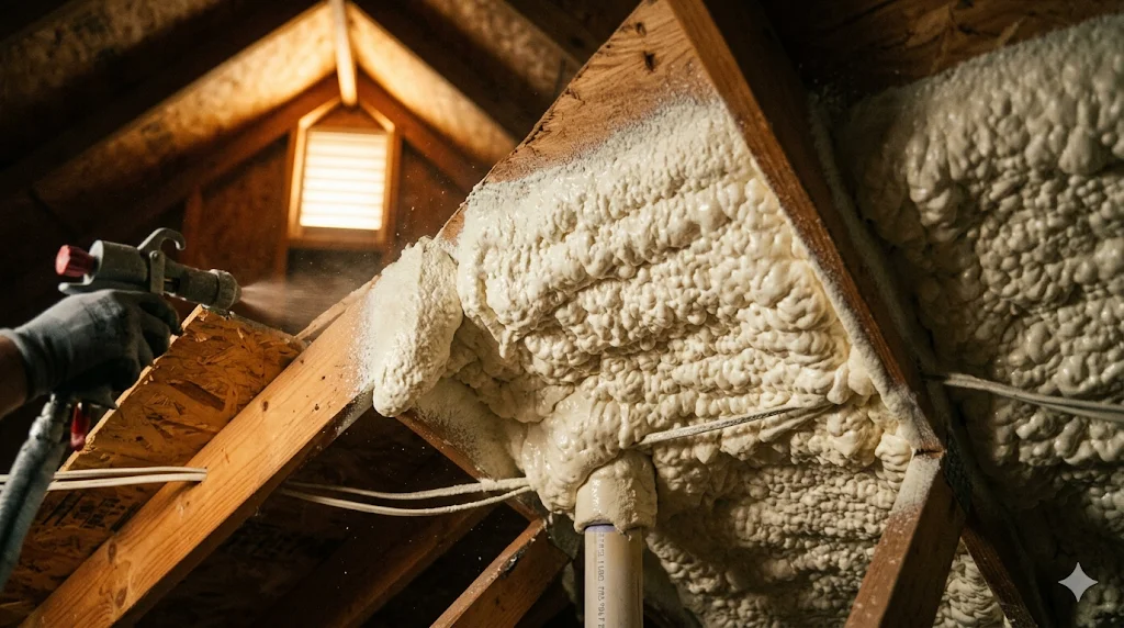 Spray foam insulation being applied in an attic