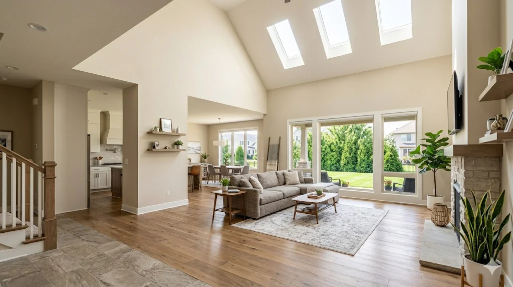 Living room lit by three ceiling skylights