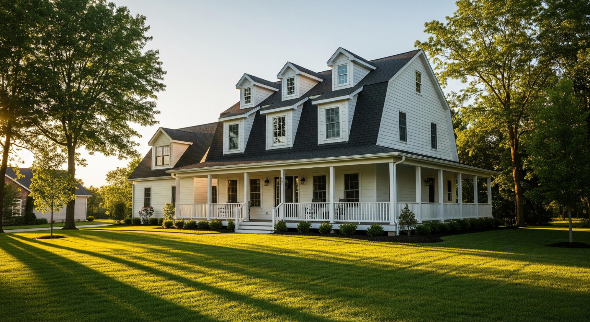 Two-story white farmhouse with black roof, large wraparound porch, and manicured lawn, surrounded by tall trees at sunset.