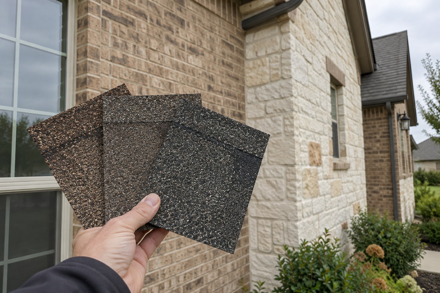 Homeowner holding charcoal and brown shingle samples against tan brick and cream stone