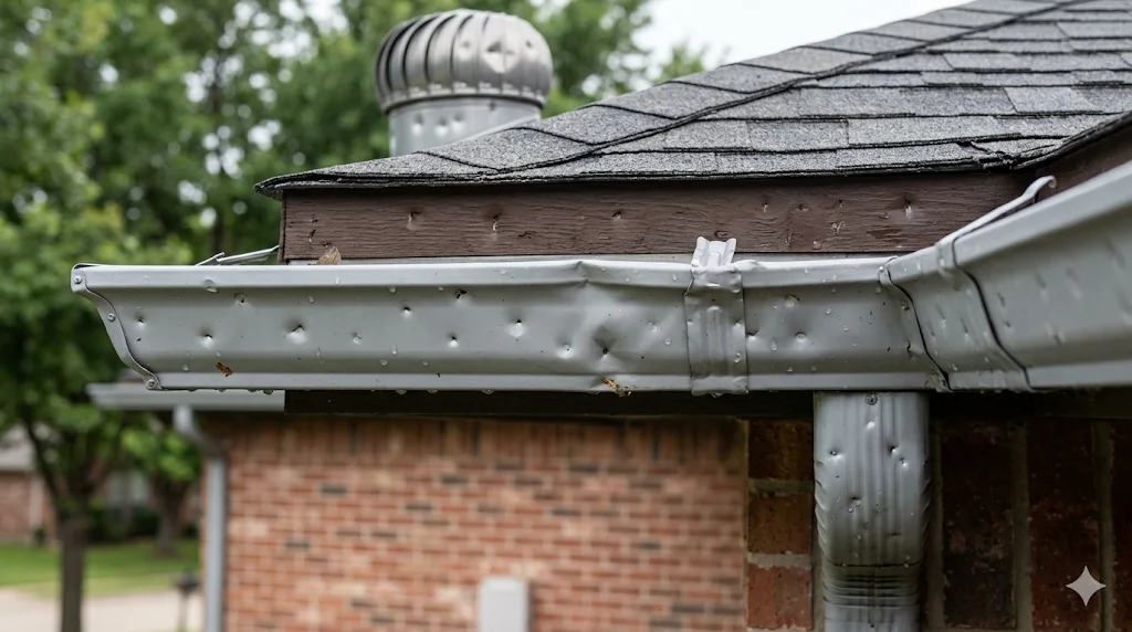 Hail dents on gutters and a roof turbine vent