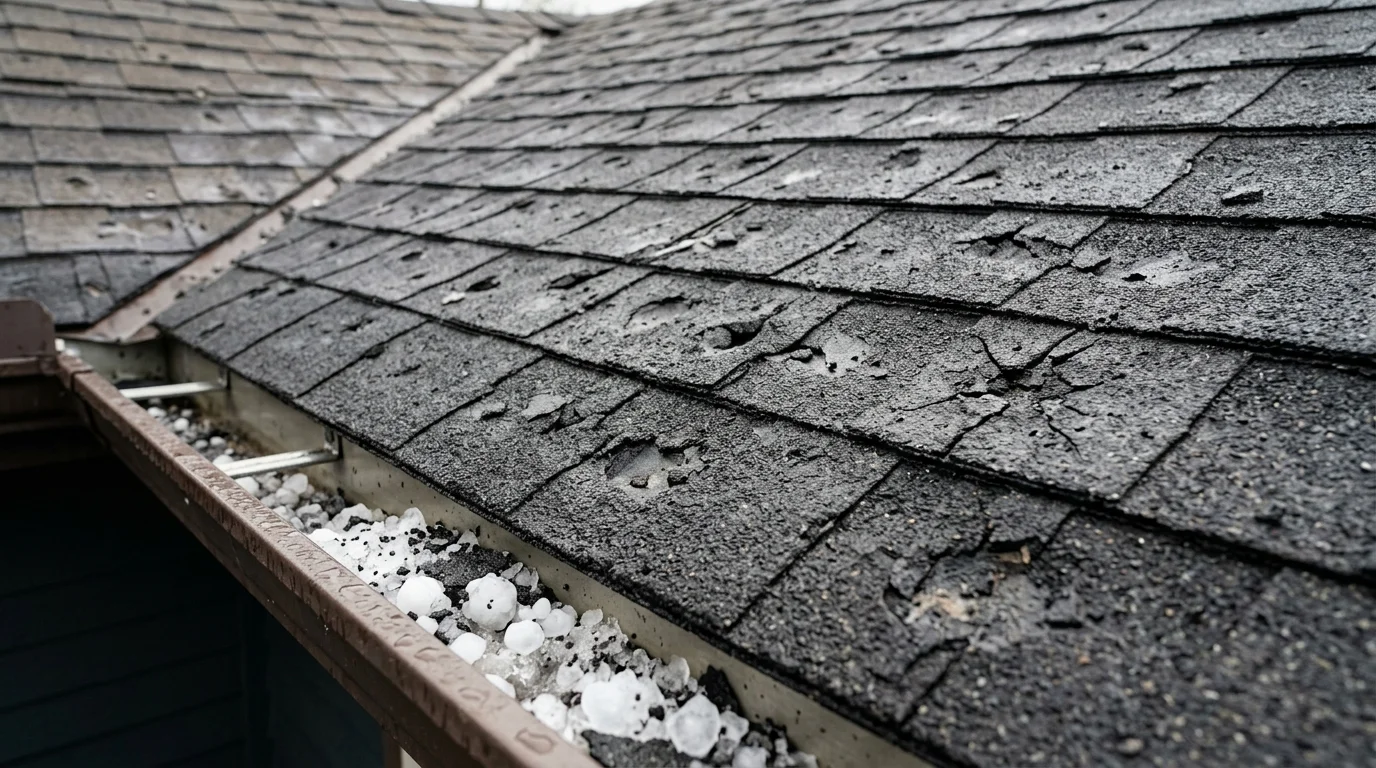 Hail-damaged shingles with hailstones in the gutter