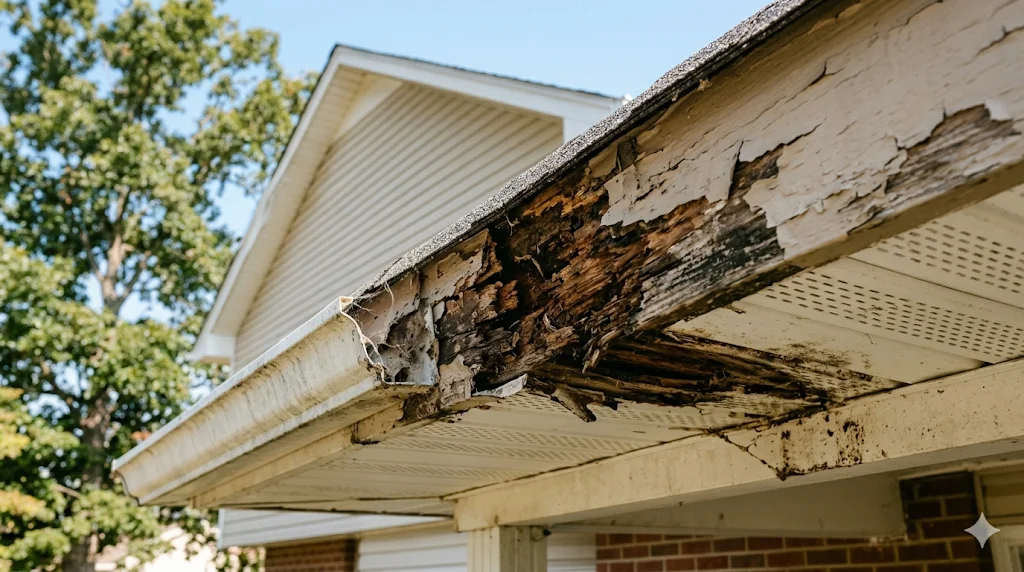 Rotted fascia board along a roofline