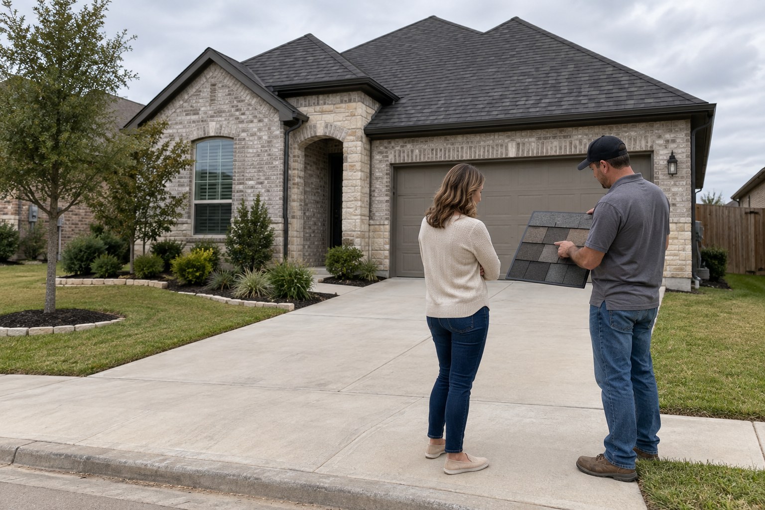 Roofer showing a shingle sample board to a homeowner in front of a gray brick house