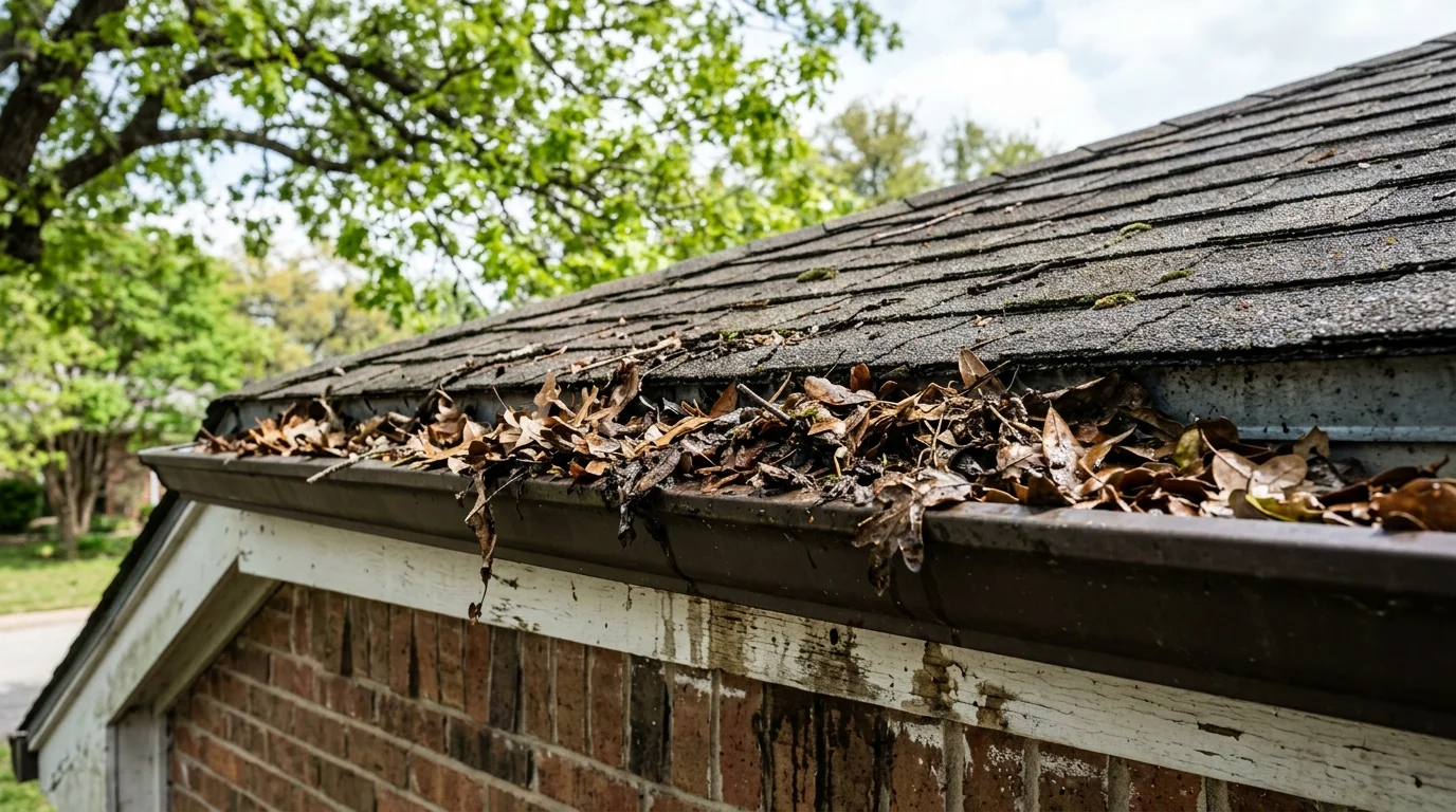 Leaves clogging a gutter along a shingle roof