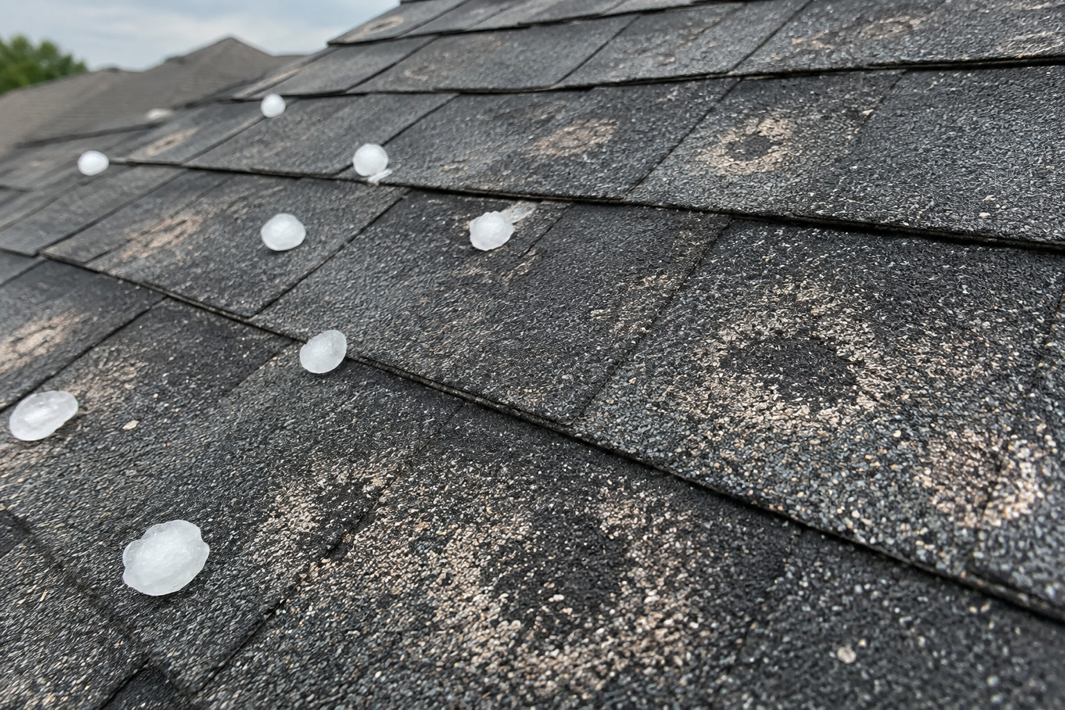 Hail bruises and granule loss on asphalt shingles