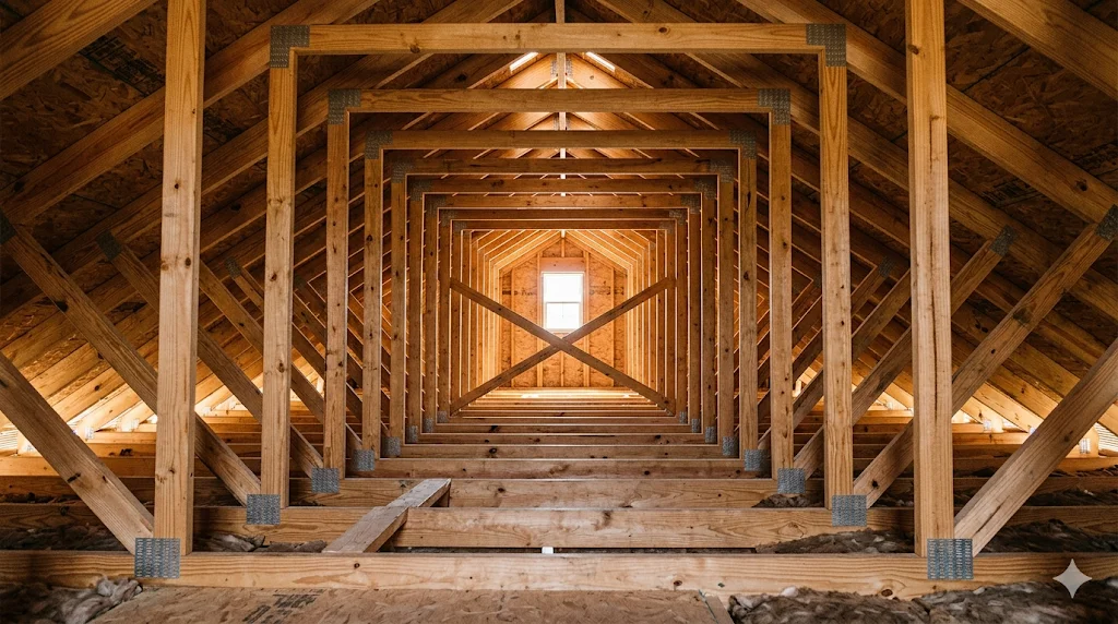 Wooden roof trusses and rafters inside an attic