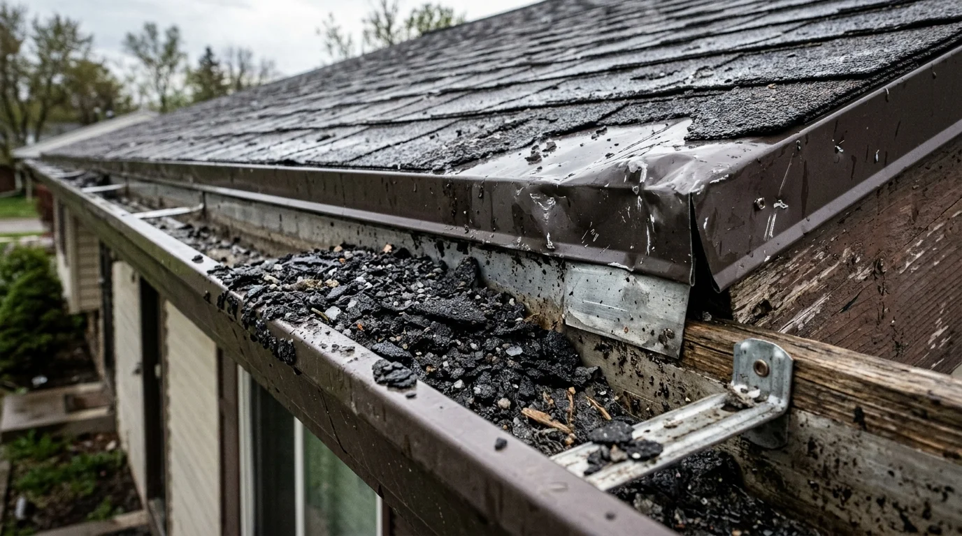 Shingle debris in a gutter after storm damage