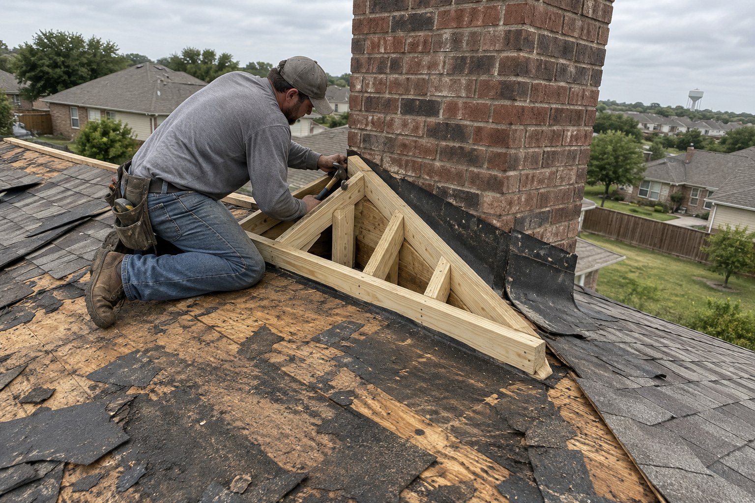 Roofer framing a wooden cricket behind a brick chimney during a North Texas reroof