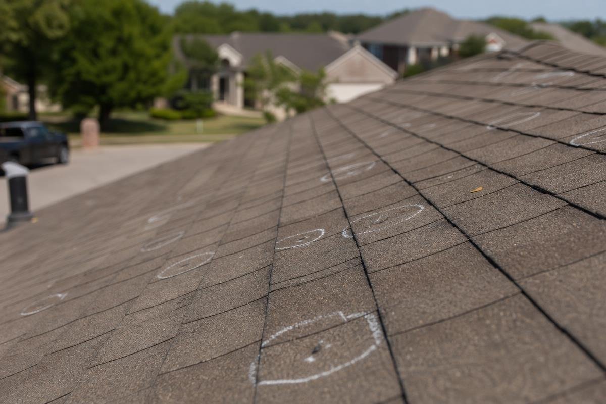 hail damage on roof shingles illustrating conditions that attract roofing scams