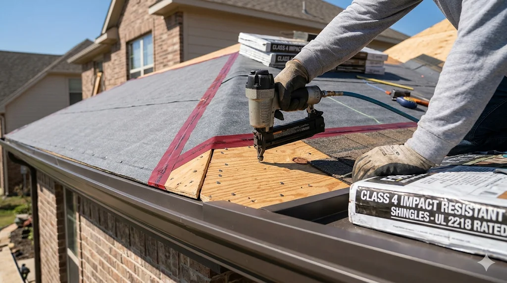 Roofer nailing down underlayment beside Class 4 impact-resistant shingles