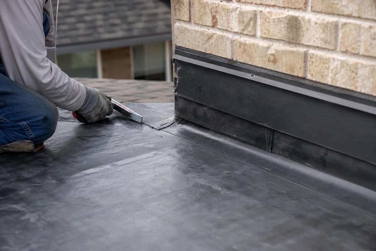 Roofer installing flat roof material on an Allen, TX home