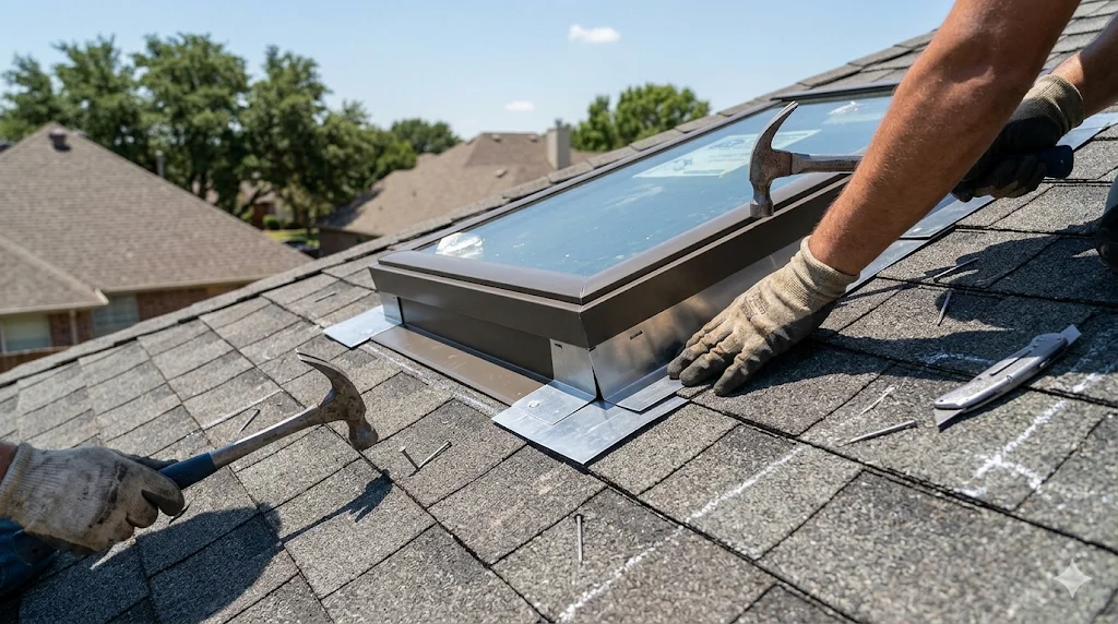 Roofer flashing a skylight during installation