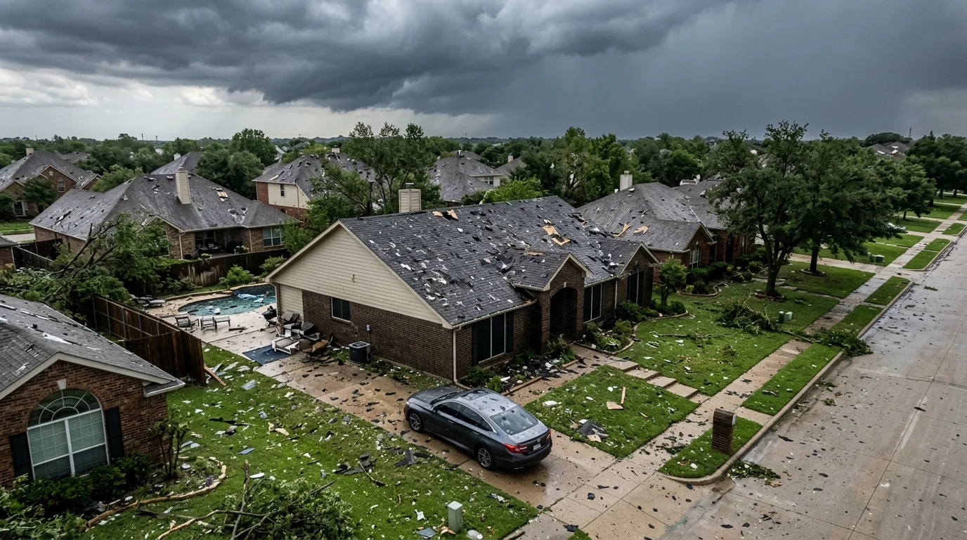 Storm-damaged roofs in an Allen neighborhood