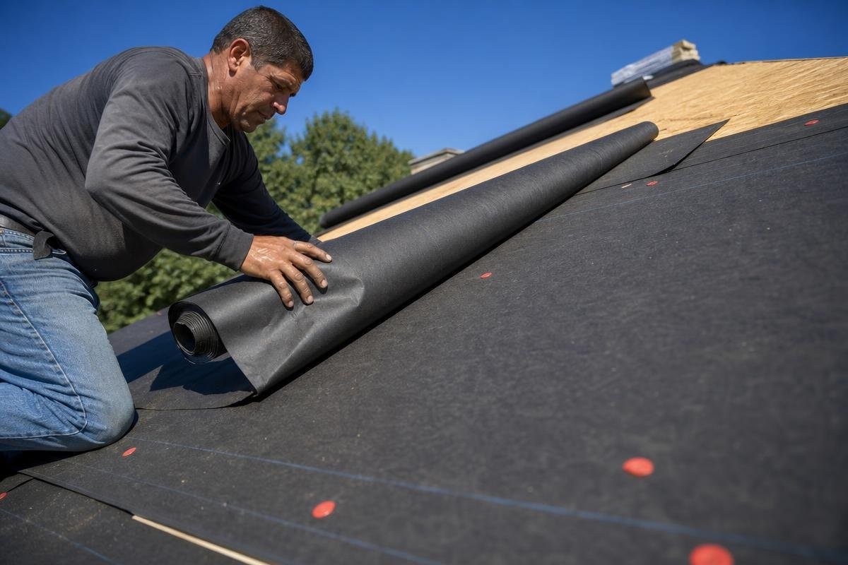 Roofer installing synthetic roof underlayment on an Allen, TX home