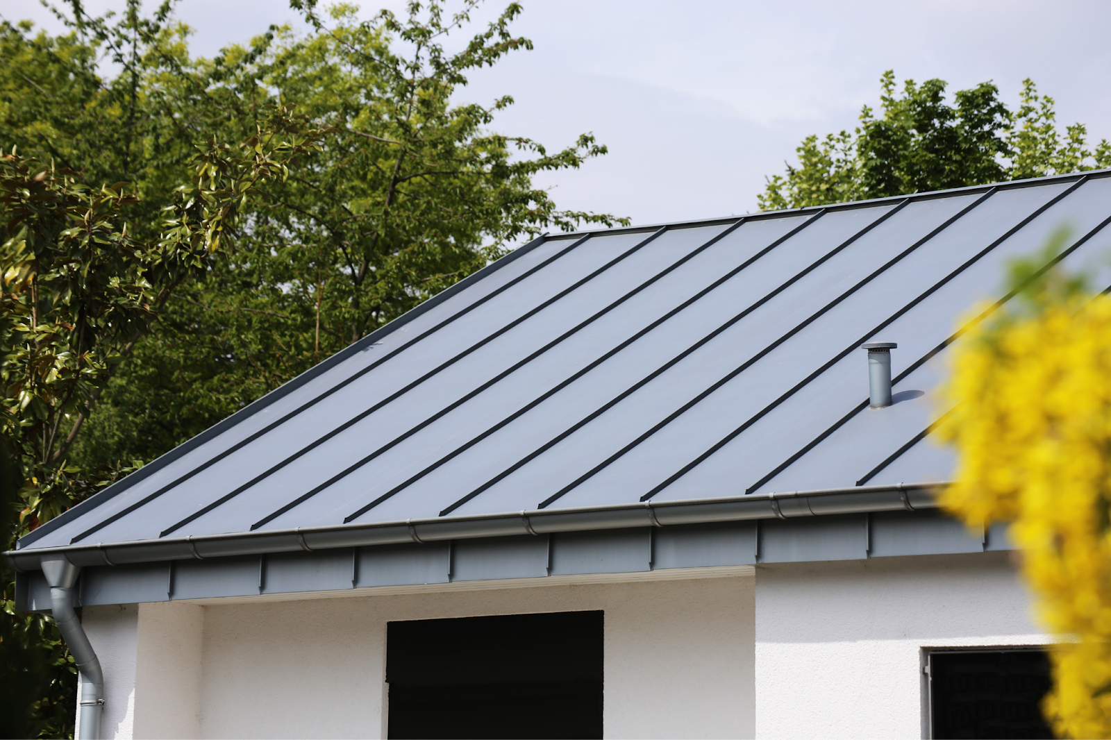 a house with a metal roof surrounded by trees